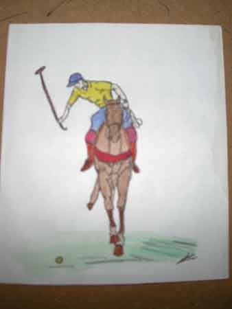 A SMALL WATERCOLUR OF A POLO PLAYER