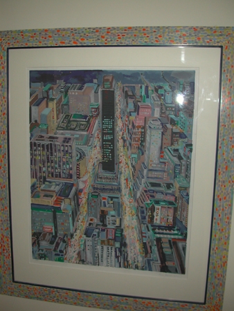 An unknown American lithograph of a New York street scene with pointelist frame