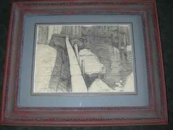 Tim Rukavina American 20th century pencil on paper a framed A view of a canal in Venice