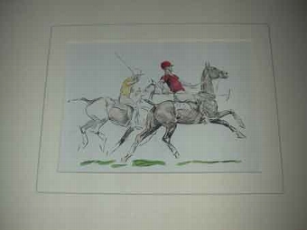 John Board English 20th century a polo artist a coloured print in a cream mount with a hand paint...