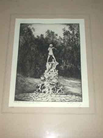 An Original etching of Peter Pans Statue Kensigton Gardens London UK by A Simes Framed signed and...