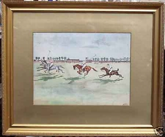 A 19th century original watercolour caricature of a polo match at the Lahore polo club. Signed AS...