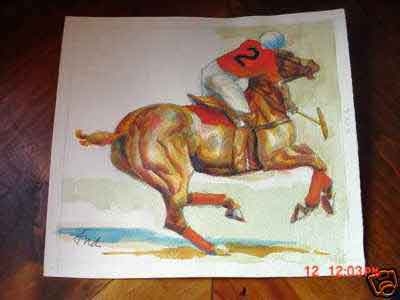 429Frank Ashley Nelson American 1920-2007 Original watercolour on paper polo playing He was one of the finest representational artists of American Art.  A resident of Carmel and Monterey, California for the past few decades.  He was represented for over 50 years by the Zantman art gallery.  He served combat duty in England as a B 17 pilot, completing 25 missions.  He was awarded two distinguished flying crosses, a purple heart and four air medals.  He was discharged as a captain and after ...