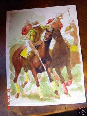 429Frank Ashley Nelson American 1920-2007 Original watercolour on paper polo playing He was one of the finest representational artists of American Art.  A resident of Carmel and Monterey, California for the past few decades.  He was represented for over 50 years by the Zantman art gallery.  He served combat duty in England as a B 17 pilot, completing 25 missions.  He was awarded two distinguished flying crosses, a purple heart and four air medals.  He was discharged as a captain and after ...