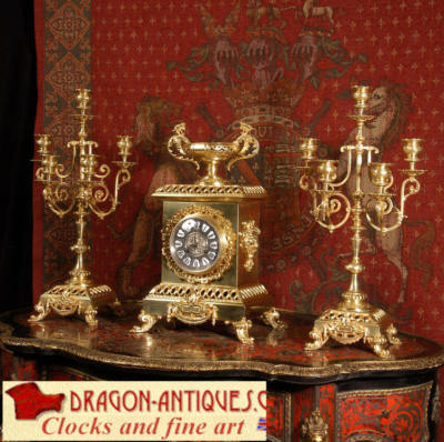 LARGE ANTIQUE FRENCH CLASSICAL CLOCKSET GILT BRASS 1880