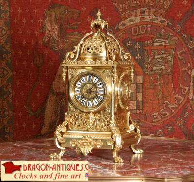 ANTIQUE FRENCH GILT BRASS TABLE CLOCK NEO-GOTHIC C1880