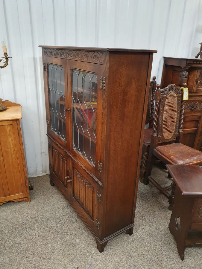 Antique Small Oak Bookcase Display Cabinet 