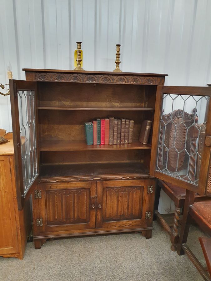 Antique Small Oak Bookcase Display Cabinet 