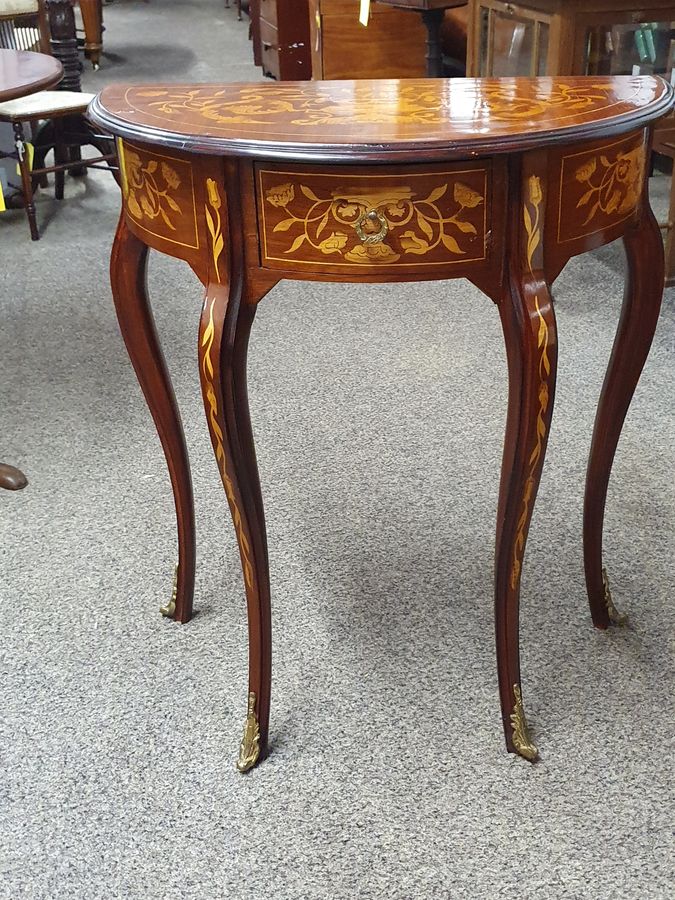 Antique Antique Style Demi Lune Marquetry Side Table 
