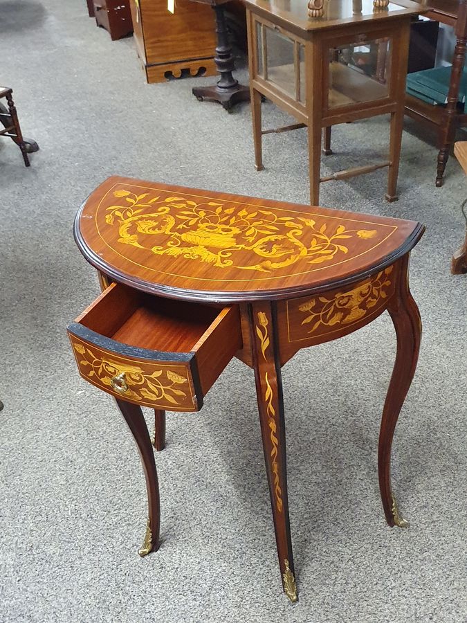 Antique Antique Style Demi Lune Marquetry Side Table 