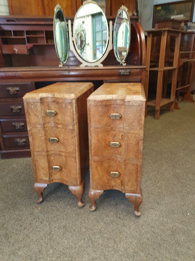 Antique 1920's Pair of Queen Anne Revival  Walnut Bedside Chest Cabinet Tables