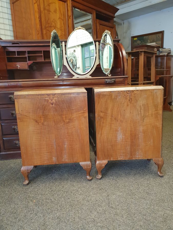 Antique Antique 1920's Pair of Queen Anne Revival  Walnut Bedside Chest Cabinet Tables 