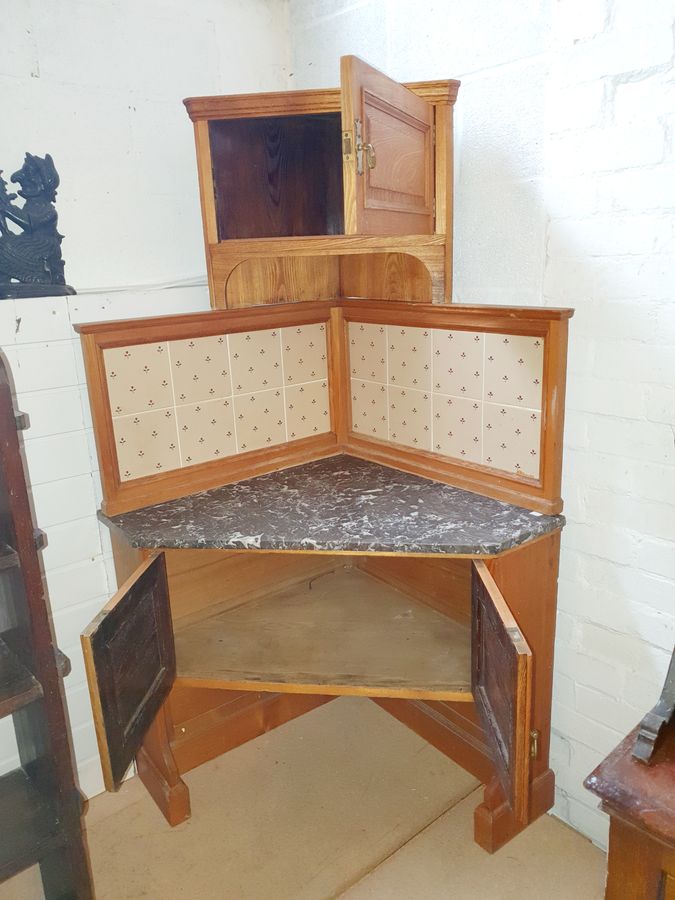 Antique Antique Arts & Crafts Pine Marble Top Corner Table Cabinet 
