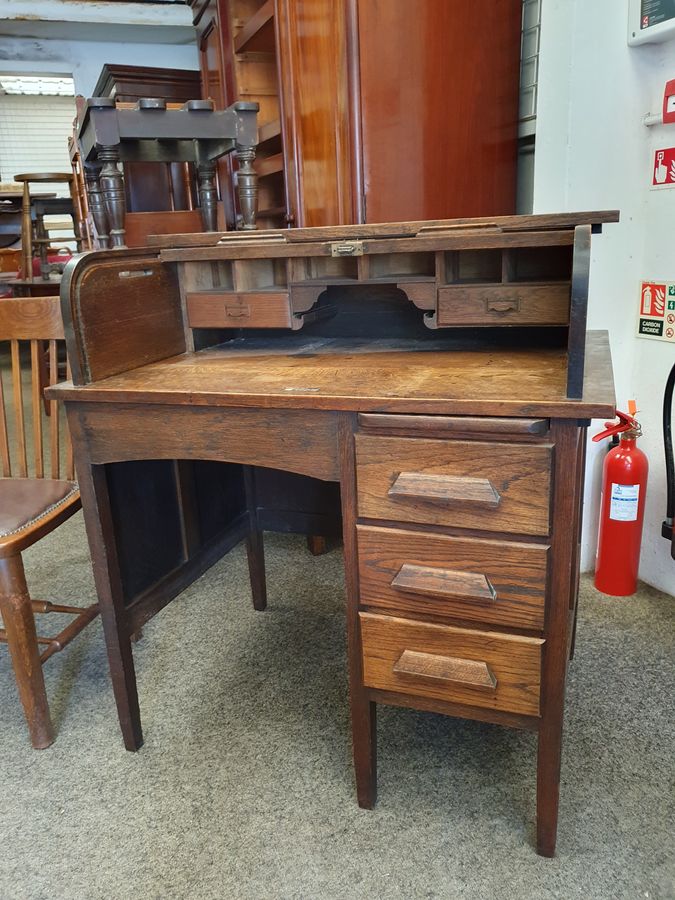 Antique Edwardian Roll Top Oak Writing Desk Table | ANTIQUES.CO.UK