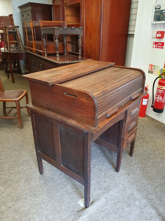 Antique Edwardian Roll Top Oak Writing Desk Table 