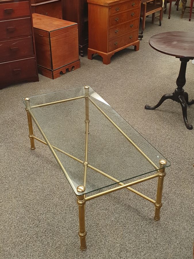 Antique Good  Mid 20thC Brass Glass Top Coffee Table