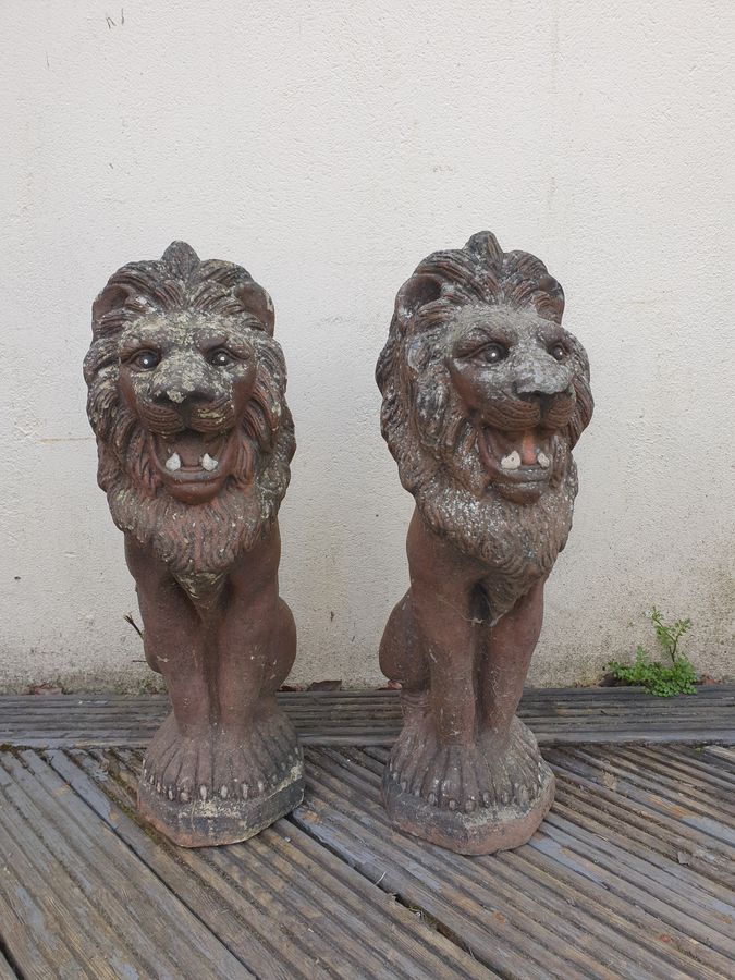 Good 1920's Pair of Reconstituted Stone Garden Gate Post Lions