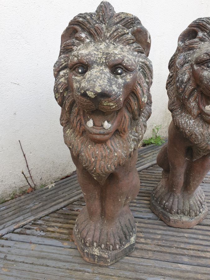 Antique Good 1920's Pair of Reconstituted Stone Garden Gate Post Lions