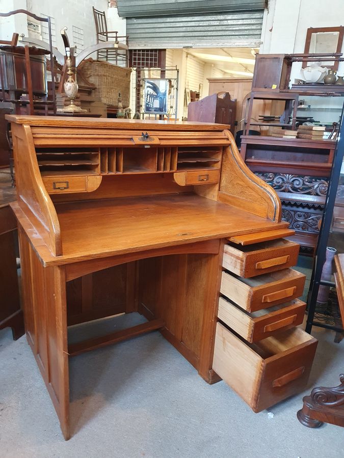 Antique Antique Edwardian Oak Roll Top Office Writing Desk