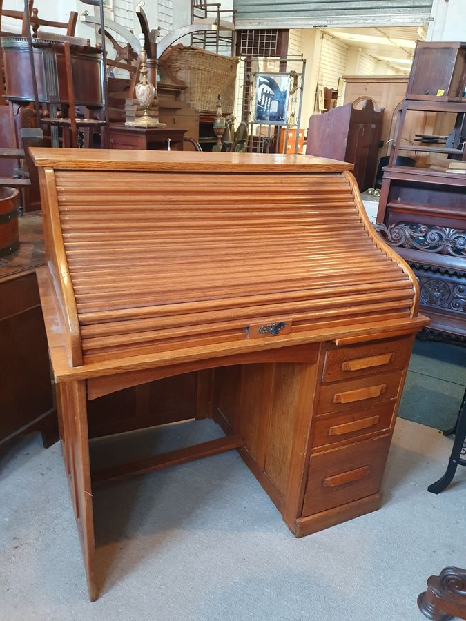 Antique Antique Edwardian Oak Roll Top Office Writing Desk