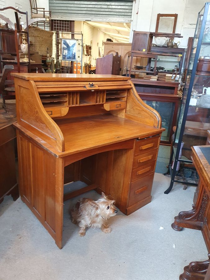 Antique Antique Edwardian Oak Roll Top Office Writing Desk