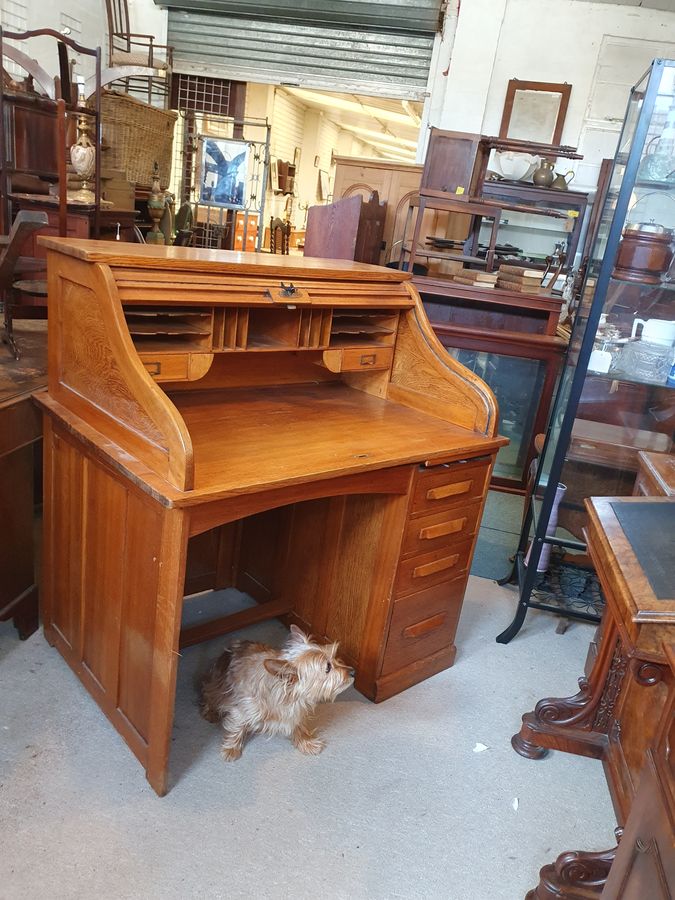 Antique Antique Edwardian Oak Roll Top Office Writing Desk