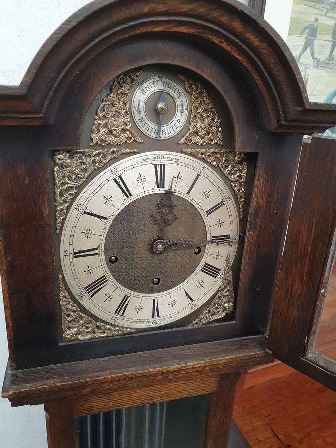 Antique Antique Edwardian Oak Grandmother Westminster Chiming Clock