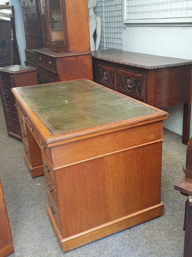 Antique Antique Oak Leather Top Writing Office Table Desk