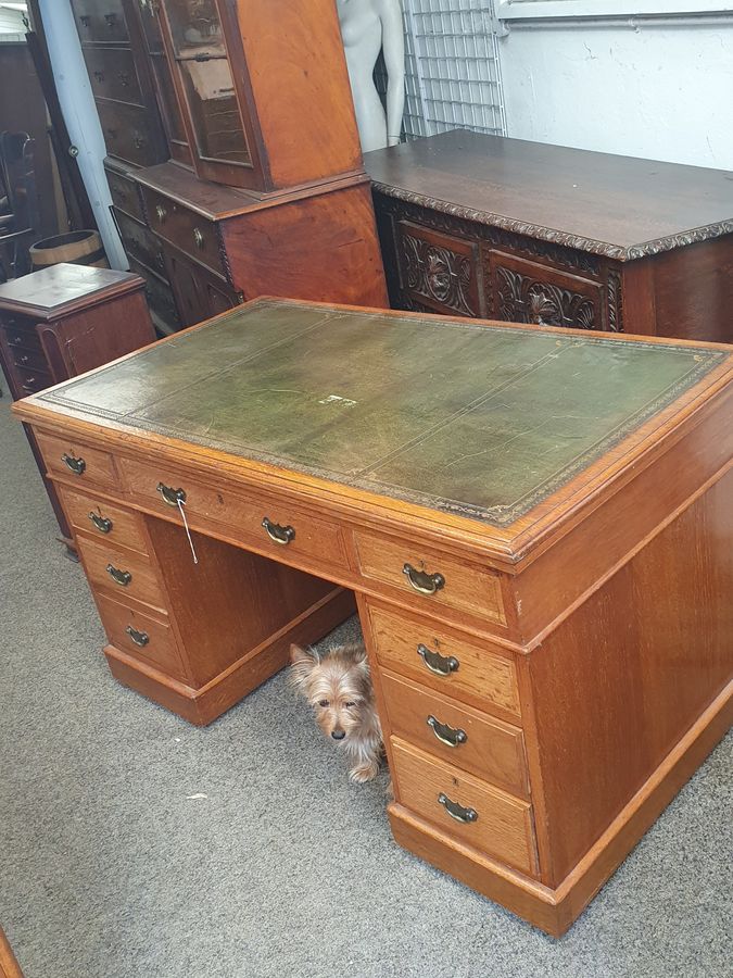 Antique Antique Oak Leather Top Writing Office Table Desk