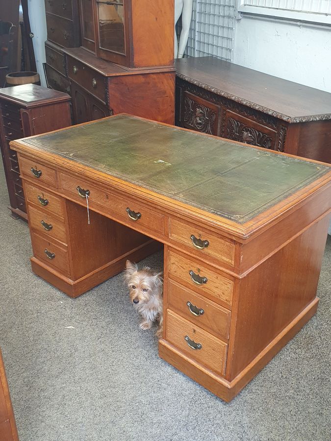 Antique Antique Oak Leather Top Writing Office Table Desk