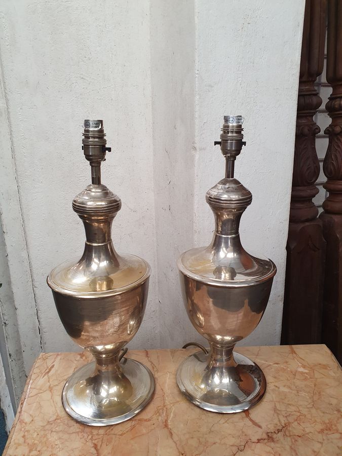 Antique Pair Of Silver Plate Table Lamps