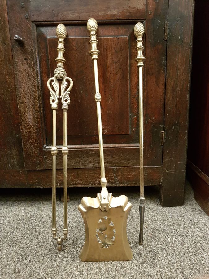 Antique Good Antique Victorian Brass Set of Fire Irons 