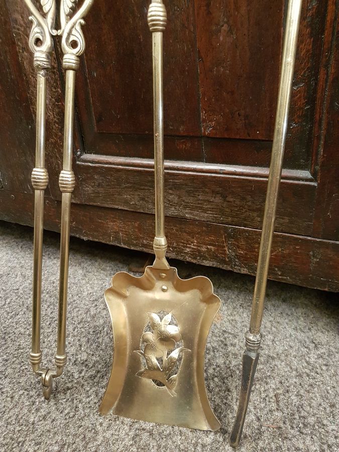 Antique Good Antique Victorian Brass Set of Fire Irons 