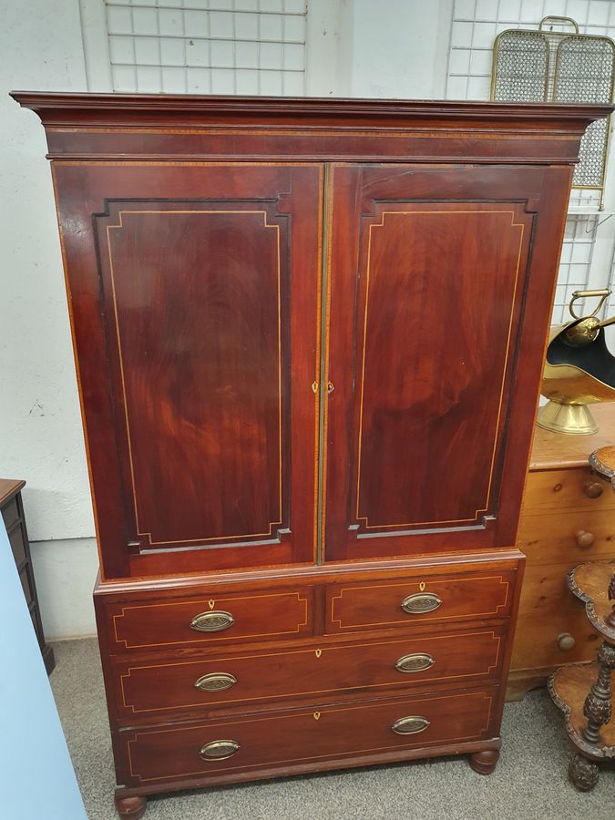 Antique Early Victorian Inlaid Linen Press Wardrobe