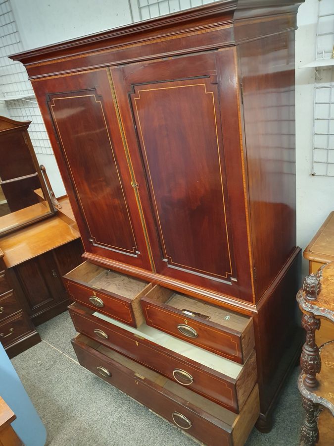 Antique Antique Early Victorian Inlaid Linen Press Wardrobe 