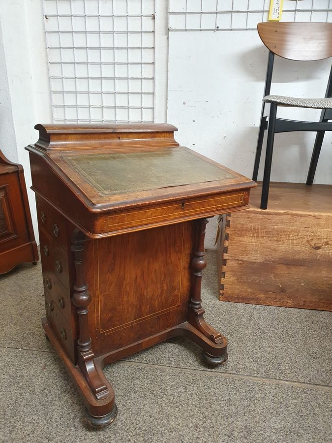 Good Small Antique Inlaid Leather Top Davenport Writing Desk