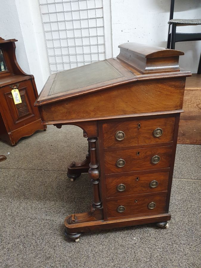 Antique Good Small Antique Inlaid Leather Top Davenport Writing Desk 