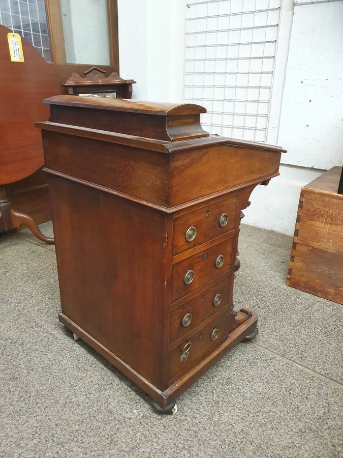 Antique Good Small Antique Inlaid Leather Top Davenport Writing Desk 