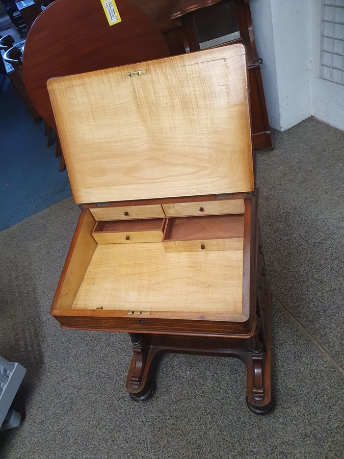 Antique Good Small Antique Inlaid Leather Top Davenport Writing Desk 