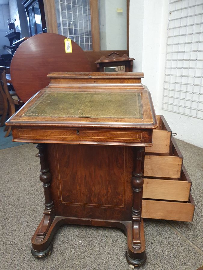 Antique Good Small Antique Inlaid Leather Top Davenport Writing Desk 