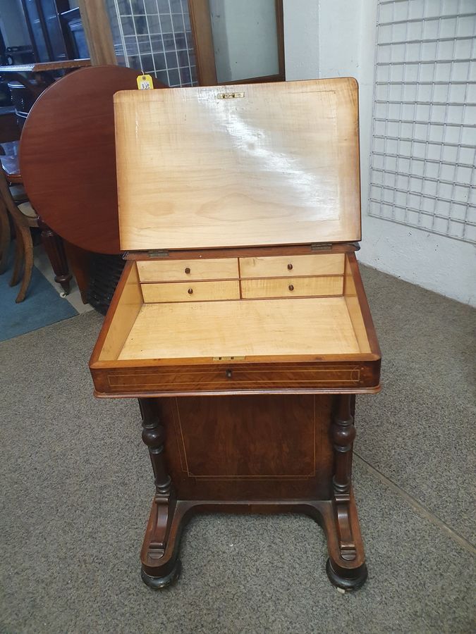 Antique Good Small Antique Inlaid Leather Top Davenport Writing Desk 