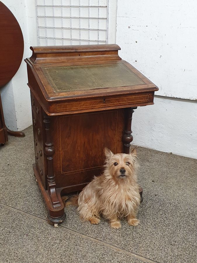 Antique Good Small Antique Inlaid Leather Top Davenport Writing Desk 