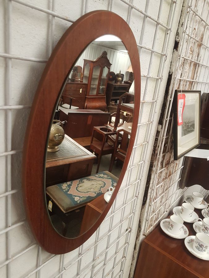 Antique Good Retro Teak Oval Wall Mirror 