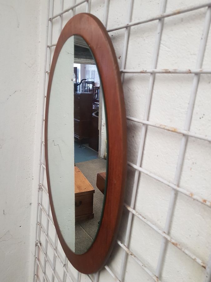 Antique Good Retro Teak Oval Wall Mirror 