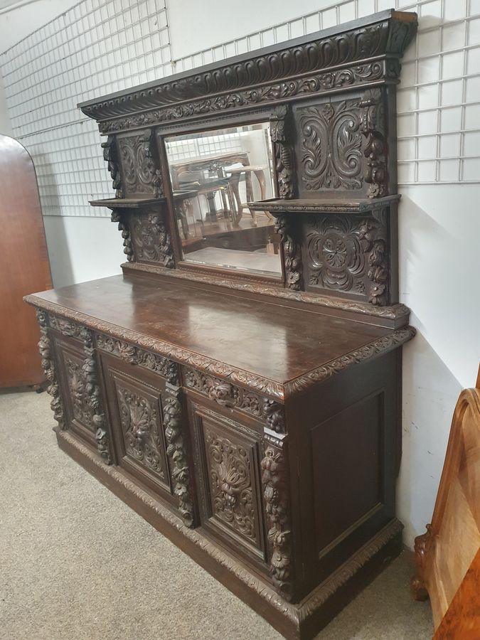 Antique Good Antique Late Victorian Lion Mask Face Carved Oak Mirror Back Sideboard 