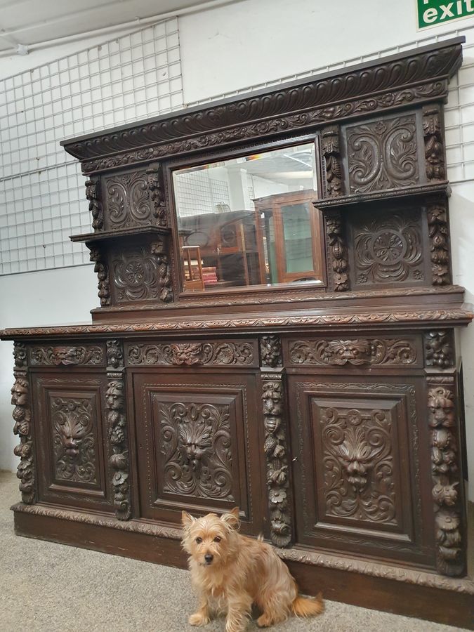 Antique Good Antique Late Victorian Lion Mask Face Carved Oak Mirror Back Sideboard 