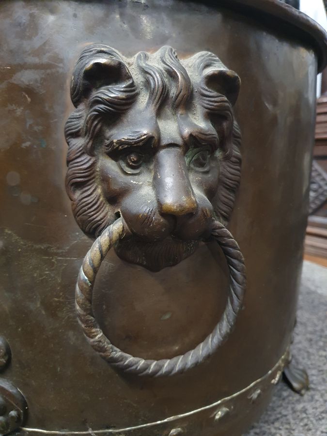 Antique Antique Lion Mask Handle Fireplace Log Bin or Jardiniere