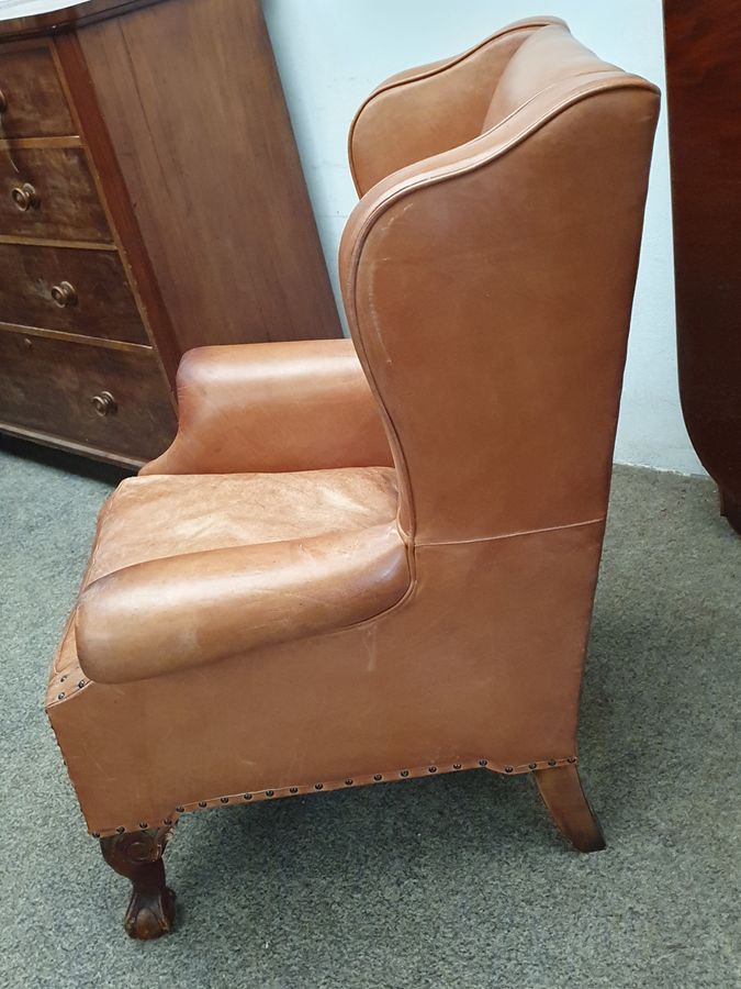 Antique Good Antique Leather Wing Armchair Chair 