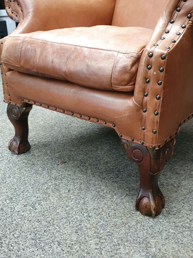 Antique Good Antique Leather Wing Armchair Chair 