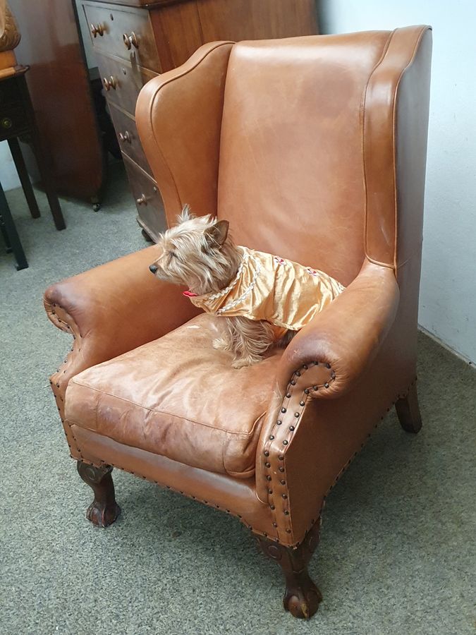 Antique Good Antique Leather Wing Armchair Chair 